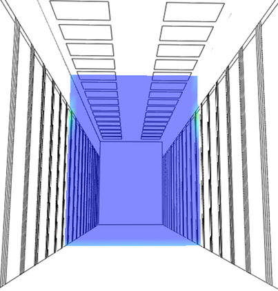 a drawing of a hallway with a blue line through it