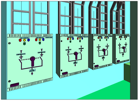 a computer generated image of a room with several electrical panels