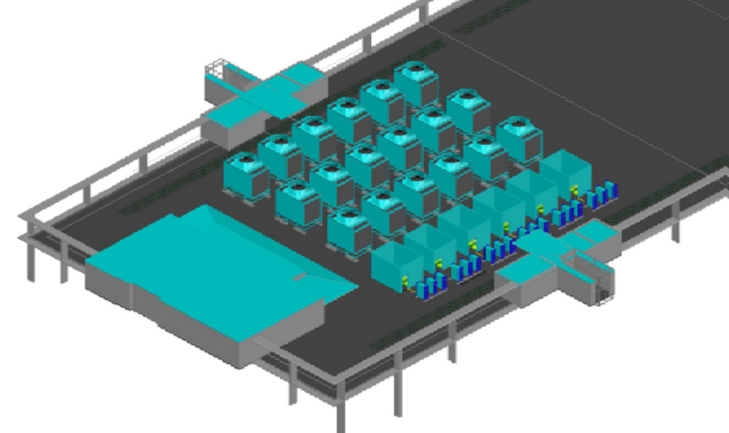 a 3d rendering of an assembly line with a conveyor belt